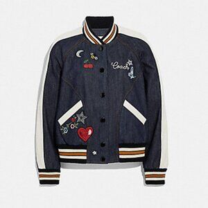Coach Denim Embroidered Varsity Bomber Jacket
